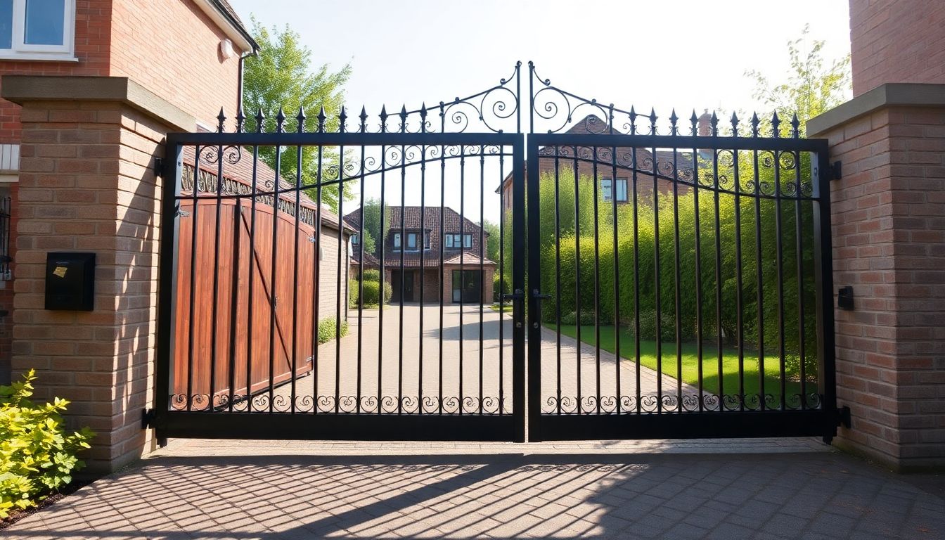 Well-maintained automatic residential gate in summer sunshine